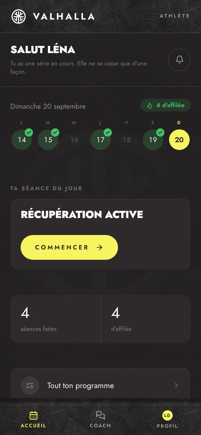 L'écran d'accueil de l'app : la semaine d'entraînement et la séance du jour