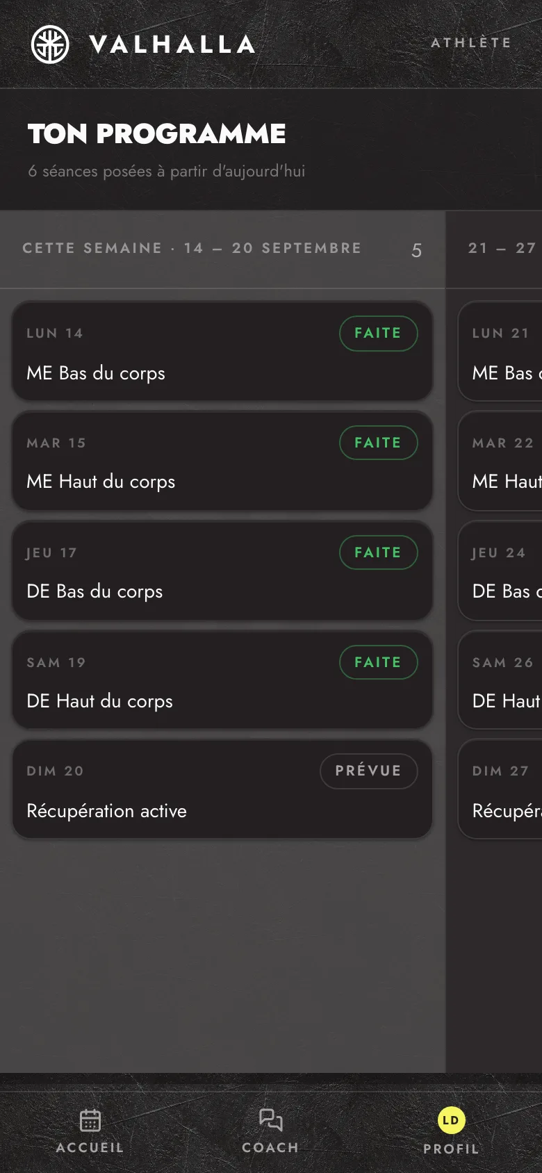 Le programme sur deux semaines, séance par séance