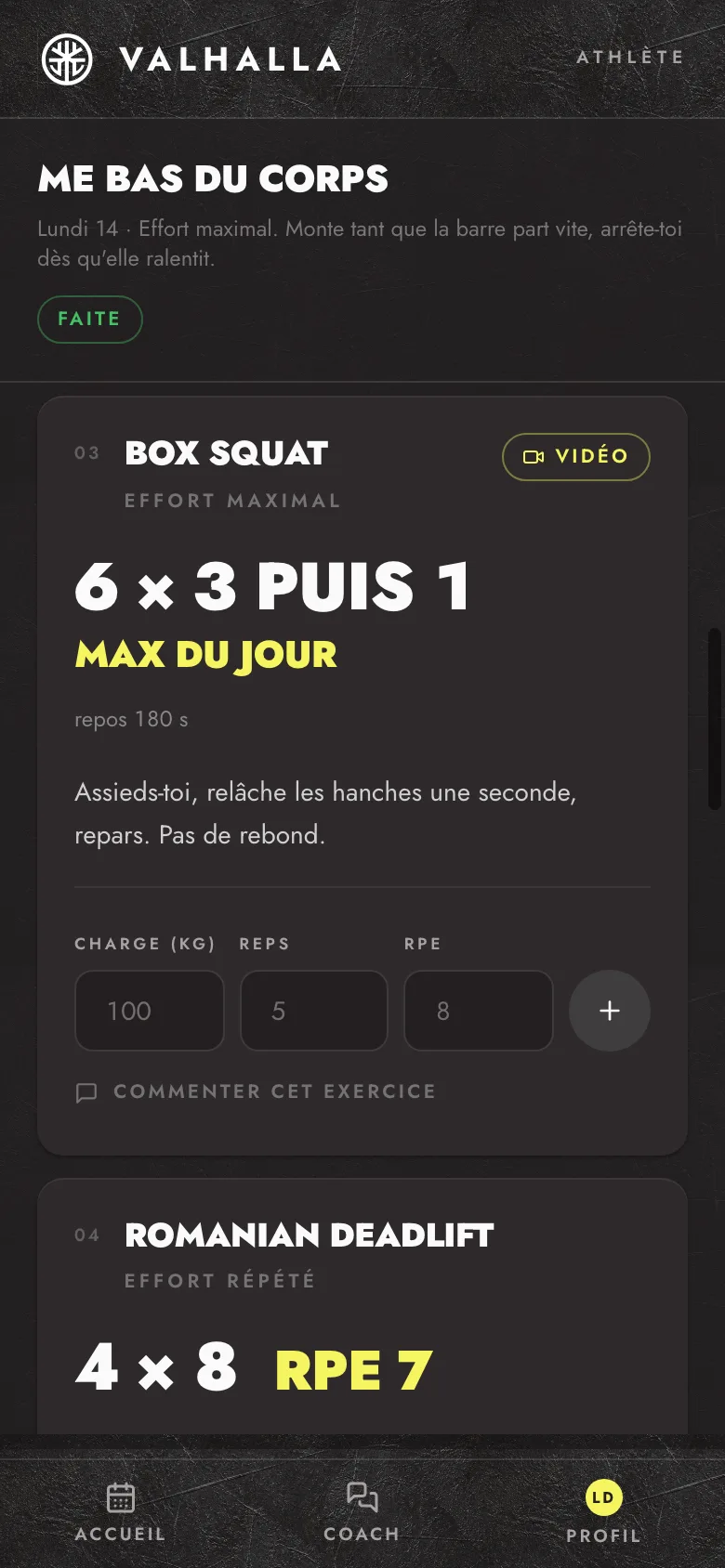 Une séance ouverte dans l'app, avec les charges et la saisie des séries